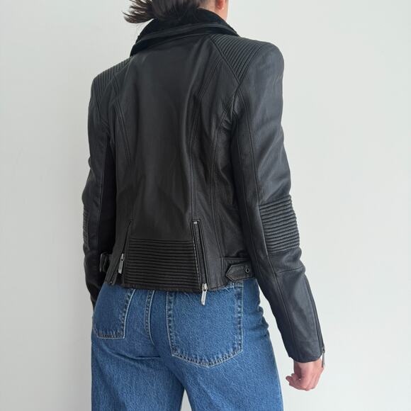 BCBG Maxazria Leather Bomber Jacket Womens Medium Black Moto NO ZIPPER Faux Fur - Picture 3 of 13